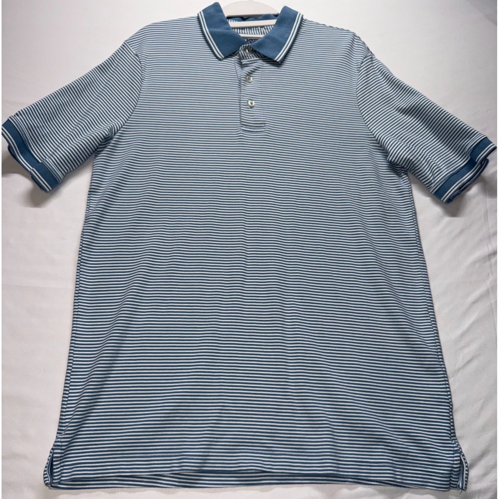Lands End Polo Shirt Mens Large Blue Striped Short Sleeve Traditional Fit Casual